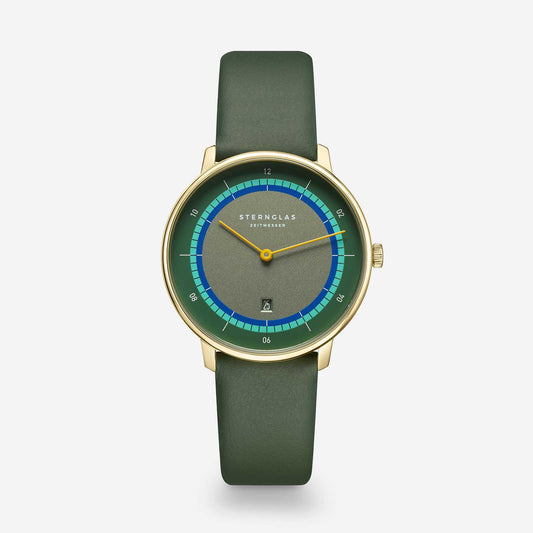 popup|Subtle colourfulness|The dial with elegant satin finish is colour-coordinated with the fine leather strap. A decorative highlight for your wrist without being too overloaded.