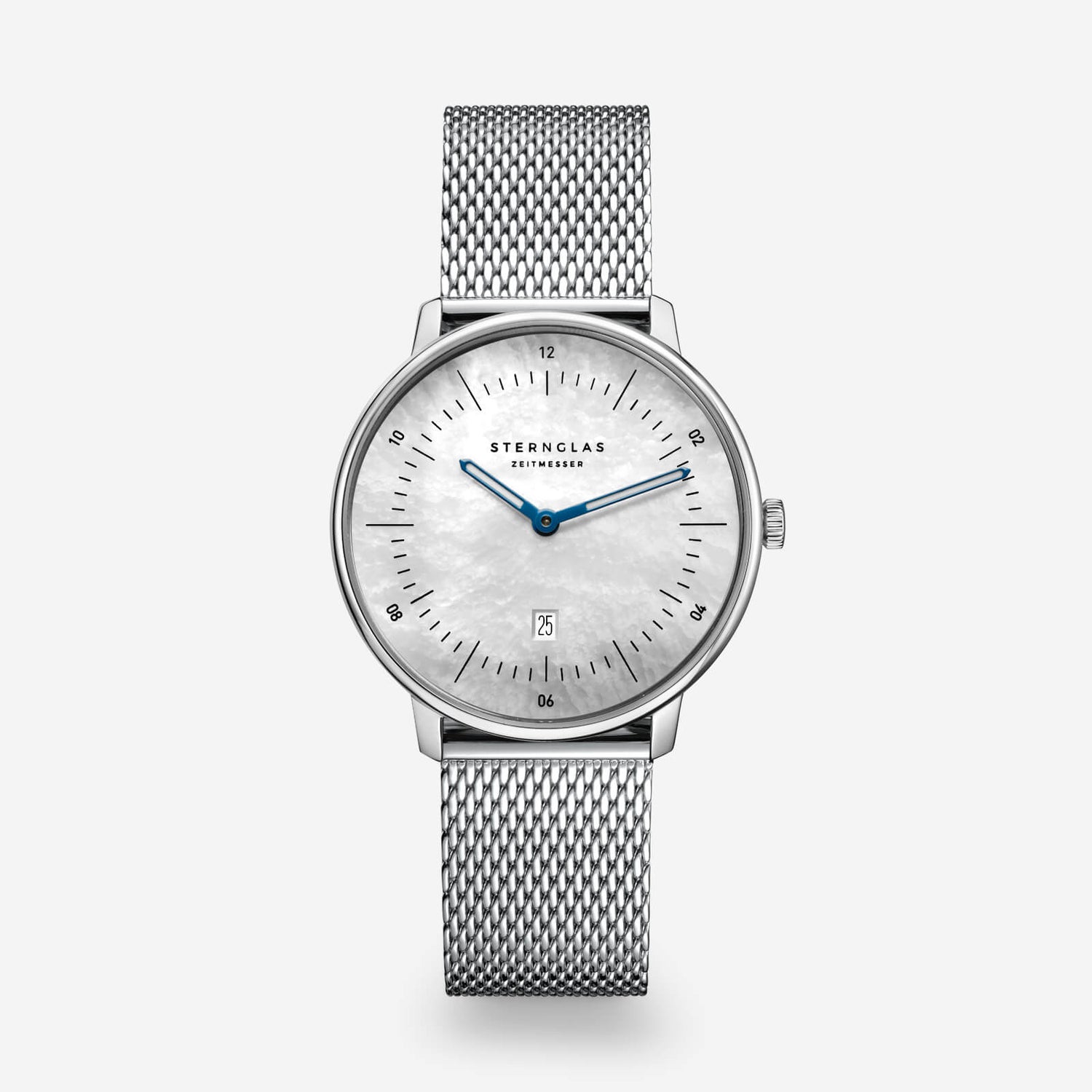 popup|Genuine mother-of-pearl dial|Inspired by the Bauhaus movement of the 1920s, the dial is minimalist and clear. "Form follows function".