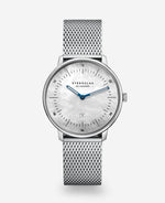 popup|Genuine mother-of-pearl dial|Inspired by the Bauhaus movement of the 1920s, the dial is minimalist and clear. "Form follows function".