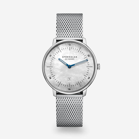 popup|Genuine mother-of-pearl dial|Inspired by the Bauhaus movement of the 1920s, the dial is minimalist and clear. "Form follows function".