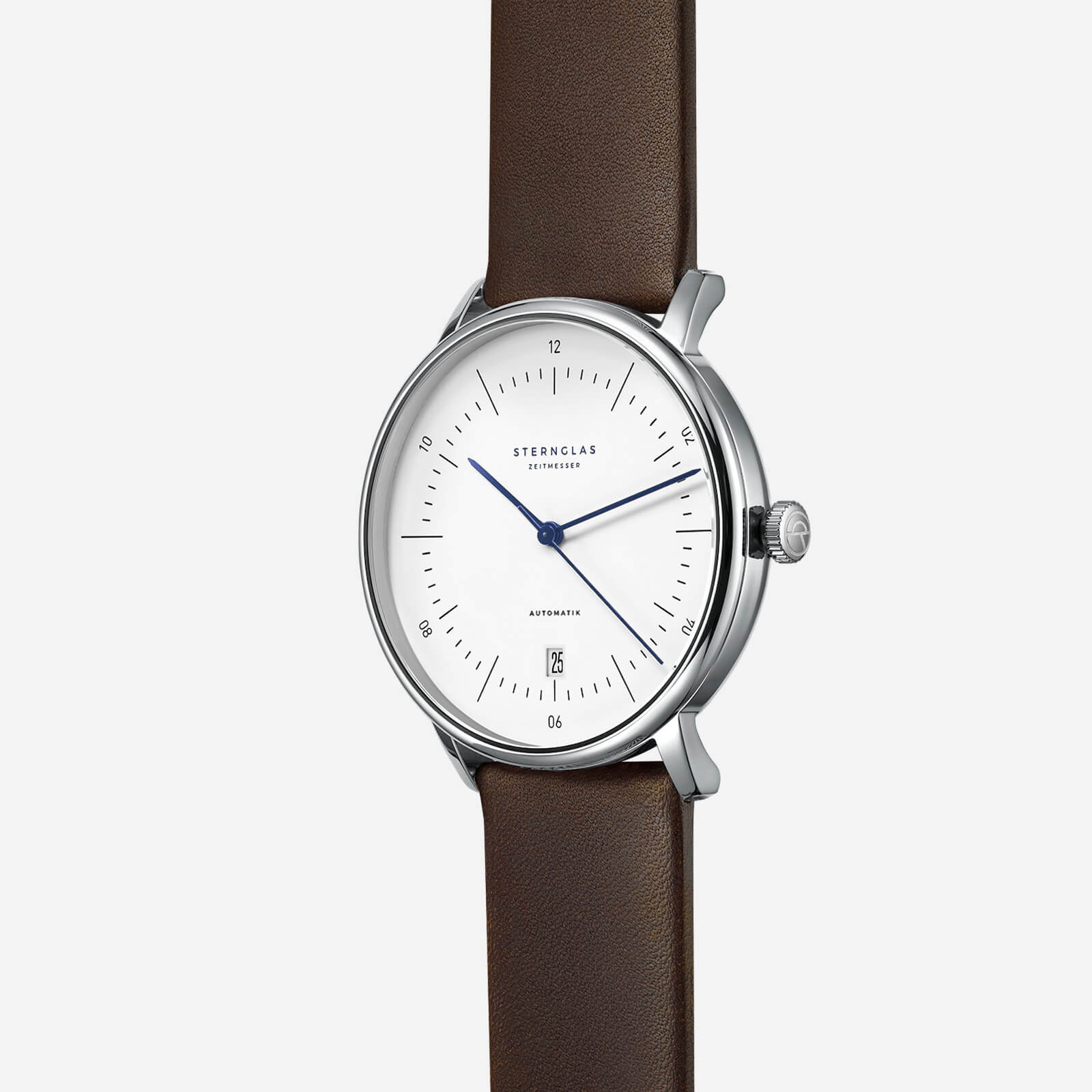 Angled view of Sternglas Naos Automatik showing case and dial details